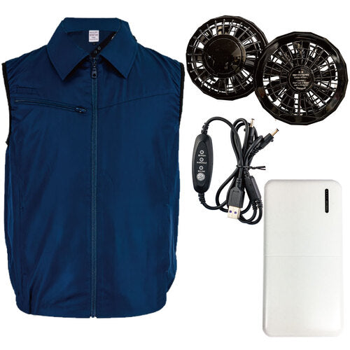 岡潮 冷感保冷剤付き、空調ベスト+モバイルバッテリー付20201 ネイビー L