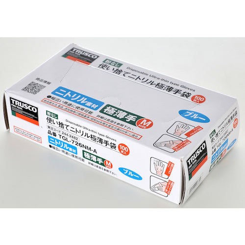 TRUSCO 使い捨てニトリル極薄手袋 粉無S ブルー （100枚入）