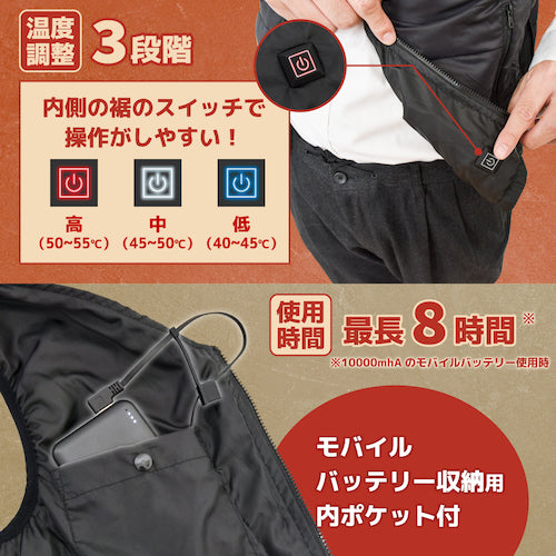 サンコー ポケットまで温かい洗える ヒーター ベスト ブラック